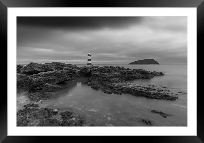 Penmon Point lighthouse monochrome Framed Mounted Print by Jonathon barnett