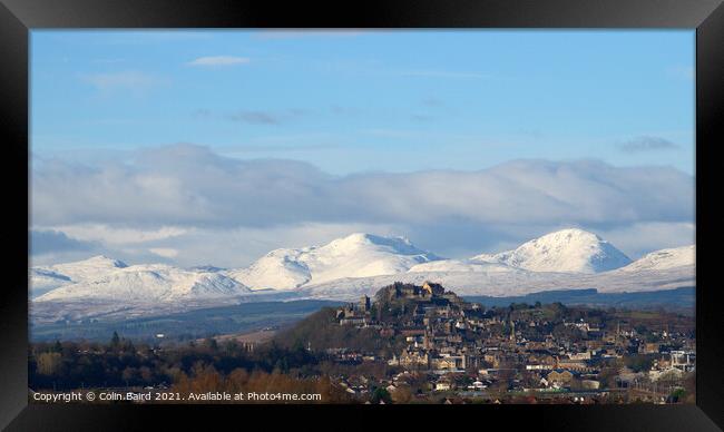 Stirling Castle and snow covered mountains Framed Print by Colin Baird