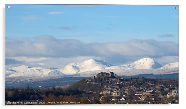 Stirling Castle and snow covered mountains Acrylic by Colin Baird
