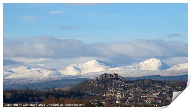 Stirling Castle and snow covered mountains Print by Colin Baird