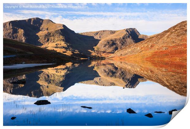 Llyn Ogwen Lake Mountain Reflections in Snowdonia Print by Pearl Bucknall