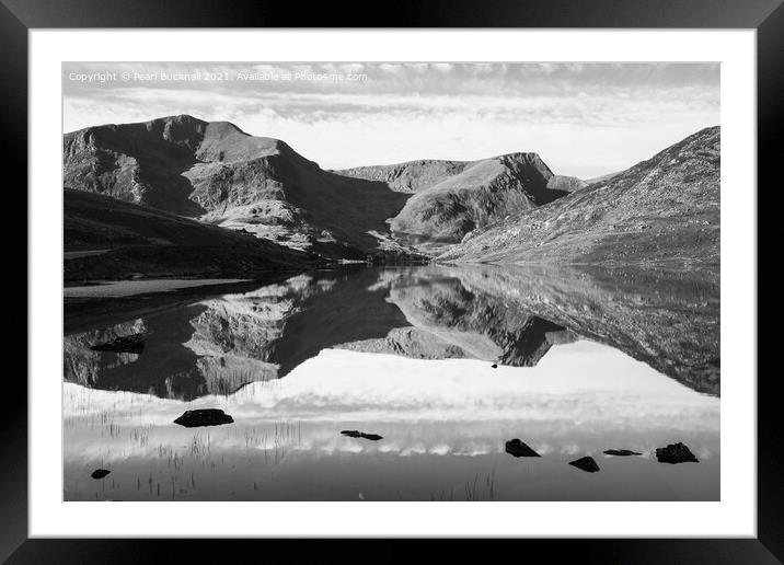 Monochrome Llyn Ogwen Mountain Reflections Wales Framed Mounted Print by Pearl Bucknall