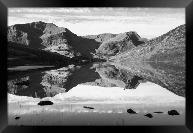 Monochrome Llyn Ogwen Mountain Reflections Wales Framed Print by Pearl Bucknall