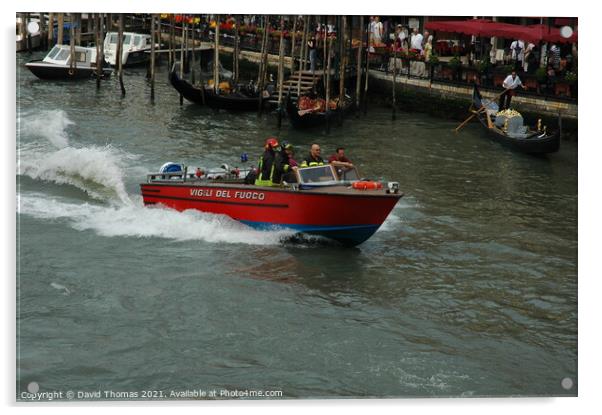 Fiery Rescue on Venice's Grand Canal Acrylic by David Thomas