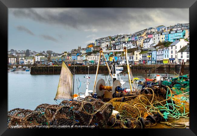Pots and Nets at Brixham Harbour Framed Print by Paul F Prestidge