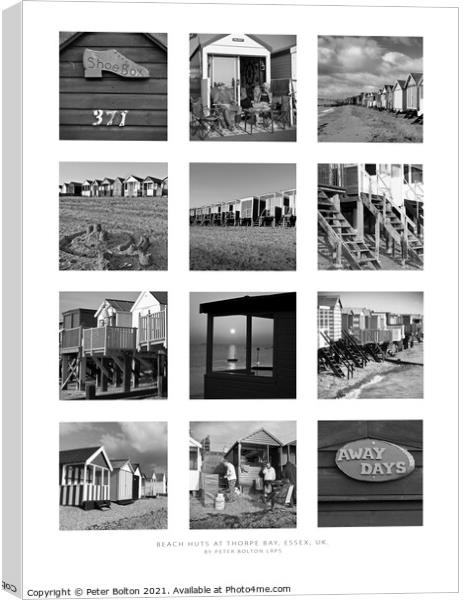  Monochrome poster of beach huts at Thorpe Bay, Southend on Sea, Essex.  Canvas Print by Peter Bolton