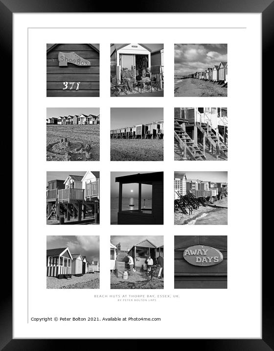  Monochrome poster of beach huts at Thorpe Bay, Southend on Sea, Essex.  Framed Mounted Print by Peter Bolton