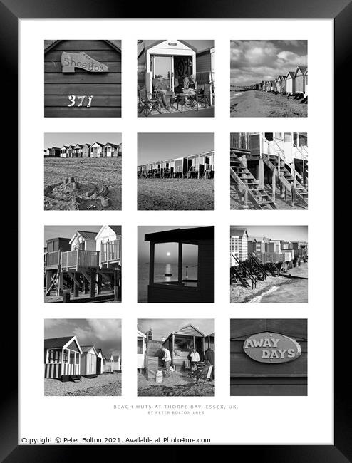  Monochrome poster of beach huts at Thorpe Bay, Southend on Sea, Essex.  Framed Print by Peter Bolton