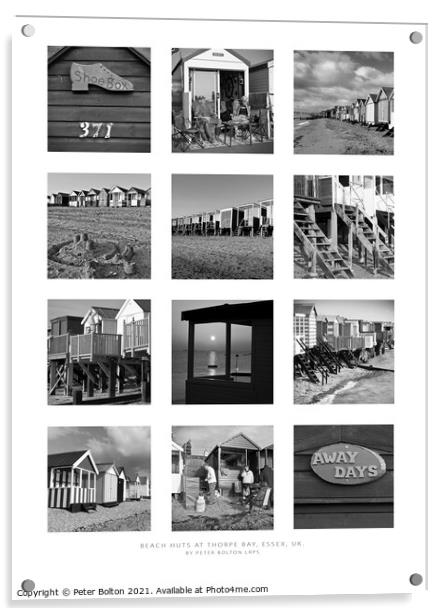  Monochrome poster of beach huts at Thorpe Bay, Southend on Sea, Essex.  Acrylic by Peter Bolton