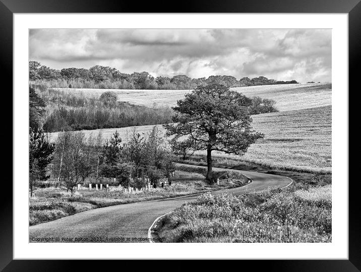 Monochrome landscape. Winding country road at The Hanningfields, Essex, UK Framed Mounted Print by Peter Bolton