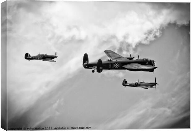 Monochrome image.Battle of Britain Memorial Flight. Wellington, Spitfire and Hurricane.  Canvas Print by Peter Bolton