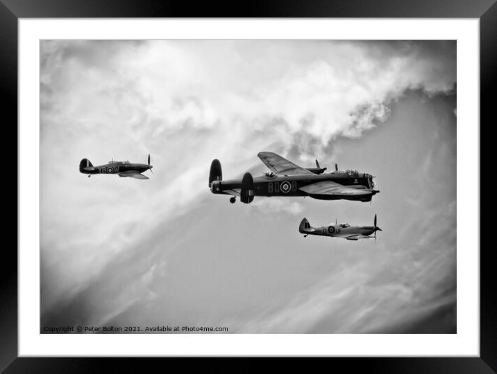 Monochrome image.Battle of Britain Memorial Flight. Wellington, Spitfire and Hurricane.  Framed Mounted Print by Peter Bolton