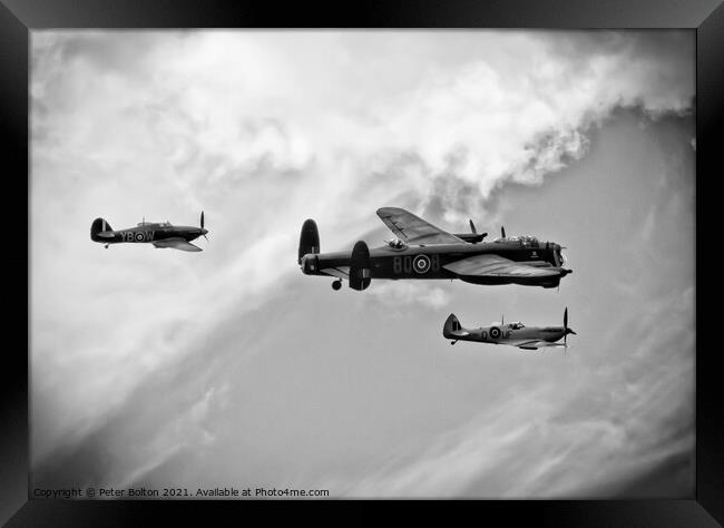Monochrome image.Battle of Britain Memorial Flight. Wellington, Spitfire and Hurricane.  Framed Print by Peter Bolton