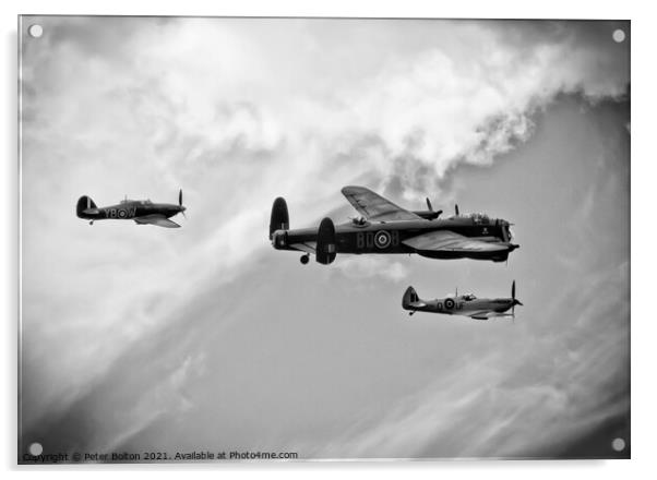 Monochrome image.Battle of Britain Memorial Flight. Wellington, Spitfire and Hurricane.  Acrylic by Peter Bolton
