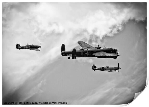 Monochrome image.Battle of Britain Memorial Flight. Wellington, Spitfire and Hurricane.  Print by Peter Bolton