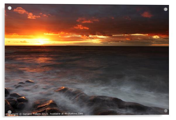 Sunset over The Atlantic Ocean and Lundy Island from Westward Ho!, Devon, England, UK Acrylic by Geraint Tellem ARPS