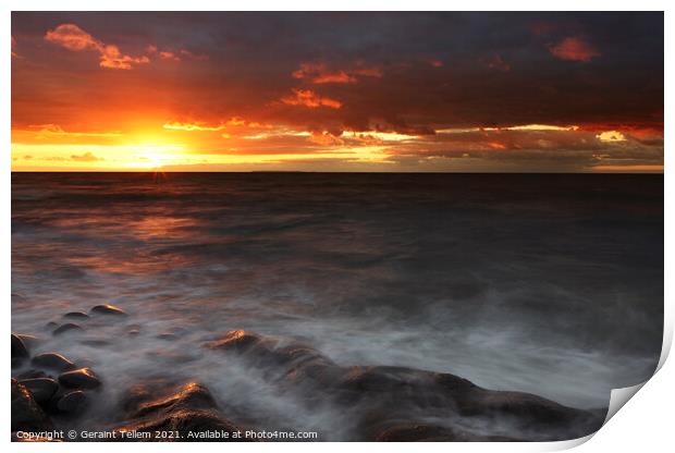 Sunset over The Atlantic Ocean and Lundy Island from Westward Ho!, Devon, England, UK Print by Geraint Tellem ARPS