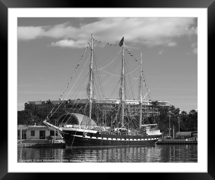 Monochrome Tall ship Framed Mounted Print by Ann Biddlecombe