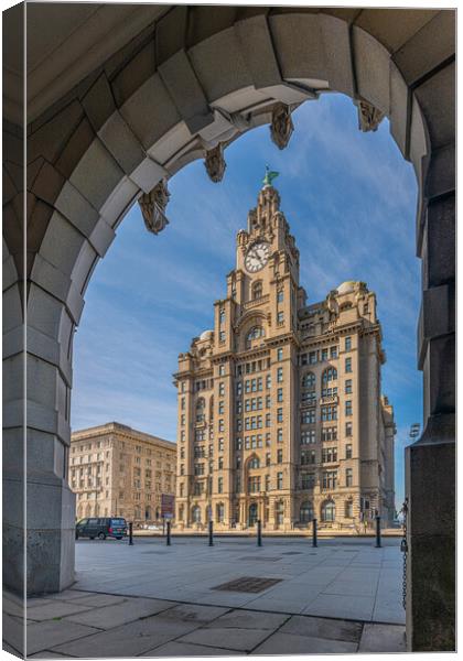 Royal Liver Building, Liverpool Through the Arches Canvas Print by Dave Wood