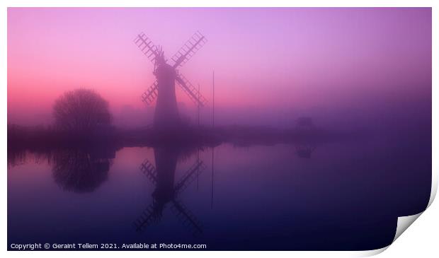 Winter dawn over Thurne Mill and river Thurne, Norfolk Broads, UK Print by Geraint Tellem ARPS