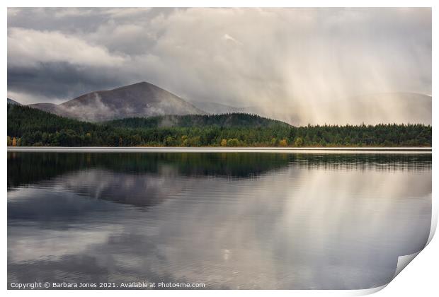 Loch Morlich Rain Shower, Cairngorms. Print by Barbara Jones