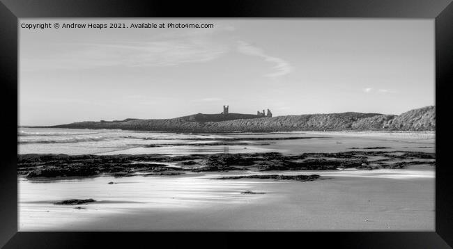 Dunstanburgh castle in Northumberland beach scene Framed Print by Andrew Heaps