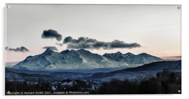 Interesting light and shadow upon the Black Cuillin Mountain Range. Acrylic by Richard Smith