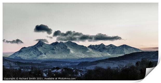 Interesting light and shadow upon the Black Cuillin Mountain Range. Print by Richard Smith