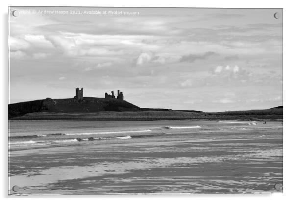 Dunstanburgh castle with waves viewed from beach. Acrylic by Andrew Heaps