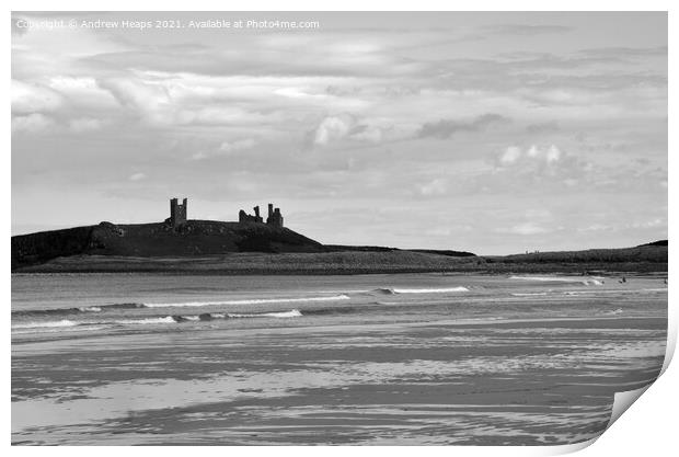 Dunstanburgh castle with waves viewed from beach. Print by Andrew Heaps