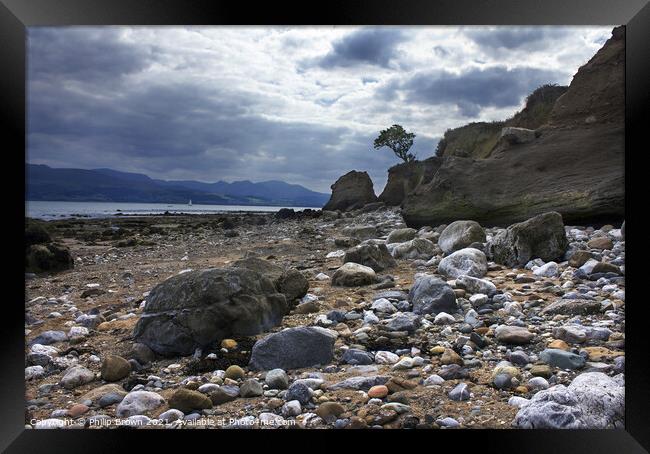 Rocky Beach at dusk, Lleiniog Penmon, Anglesey Framed Print by Philip Brown