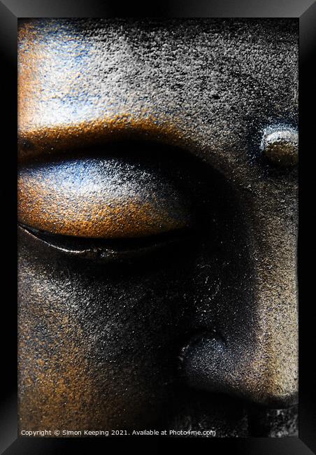 DETAIL OF MEDITATING BUDDHA Framed Print by Simon Keeping