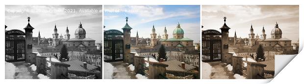 Monochrome, Color, & Sepia view of Salzburge Print by Philip Brown