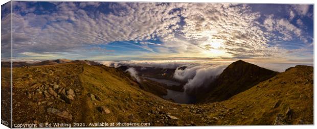 Snowdon panoramic in the early morning looking towards the peak and Crib Goch. Canvas Print by Ed Whiting