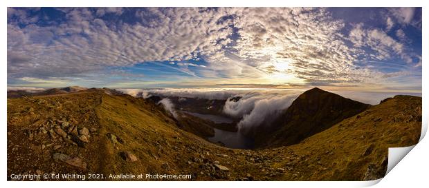Snowdon panoramic in the early morning looking towards the peak and Crib Goch. Print by Ed Whiting