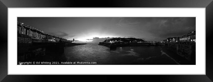 Porthleven early evening in Black and white. Super wide. Framed Mounted Print by Ed Whiting
