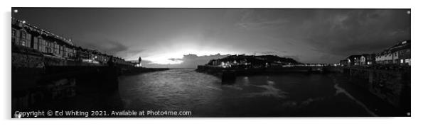 Porthleven early evening in Black and white. Super wide. Acrylic by Ed Whiting