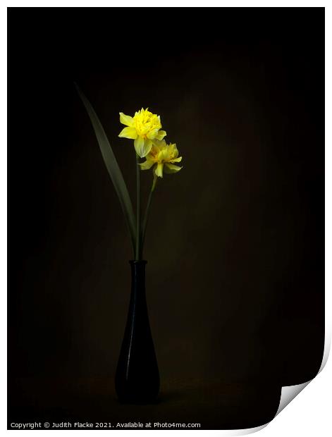 Double daffodils in a vase Print by Judith Flacke