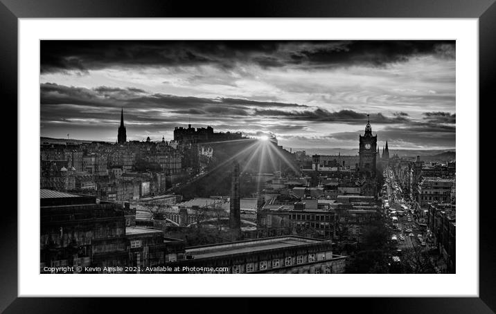 Sun setting beyond Edinburgh Castle Framed Mounted Print by Kevin Ainslie