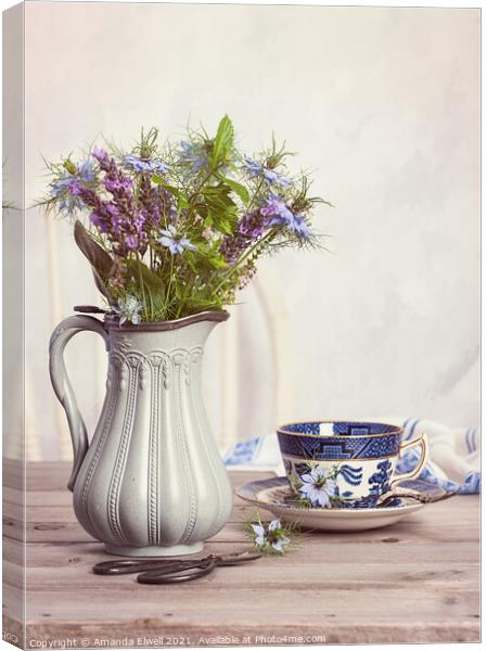 Flowers In Antique Jug With Teacup Canvas Print by Amanda Elwell