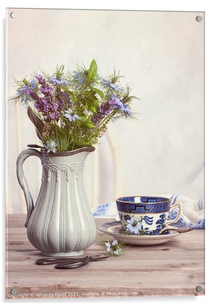 Flowers In Antique Jug With Teacup Acrylic by Amanda Elwell