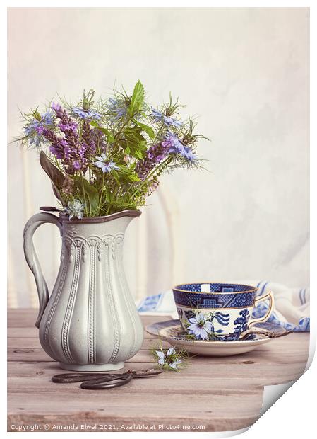 Flowers In Antique Jug With Teacup Print by Amanda Elwell
