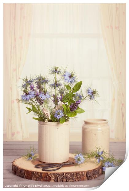 Cornflowers In Ceramic Pots Print by Amanda Elwell