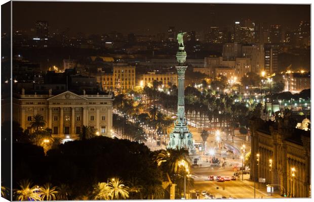 Barcelona Cityscape and Columbus Monument by Night Canvas Print by Artur Bogacki