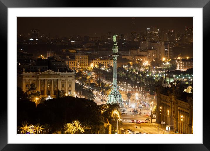 Barcelona Cityscape and Columbus Monument by Night Framed Mounted Print by Artur Bogacki