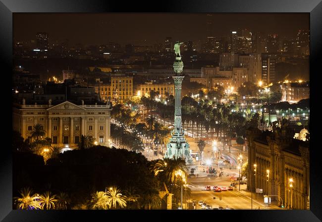 Barcelona Cityscape and Columbus Monument by Night Framed Print by Artur Bogacki