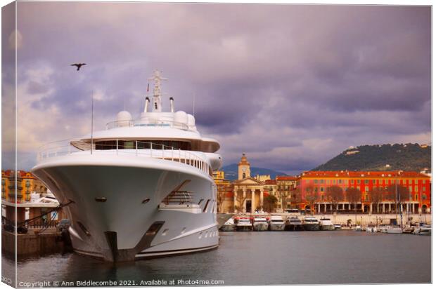 Super yacht in Nice Marina Canvas Print by Ann Biddlecombe