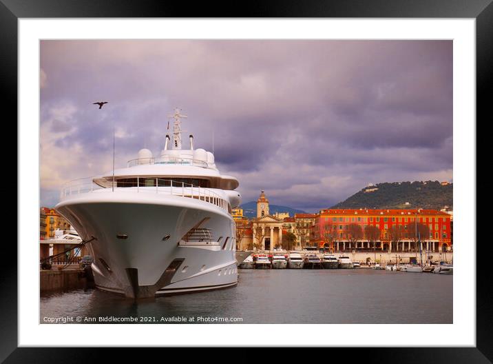 Super yacht in Nice Marina Framed Mounted Print by Ann Biddlecombe