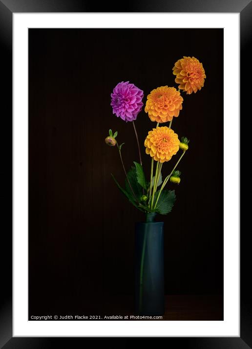 Home grown dahlia flowers in vase.  Framed Mounted Print by Judith Flacke