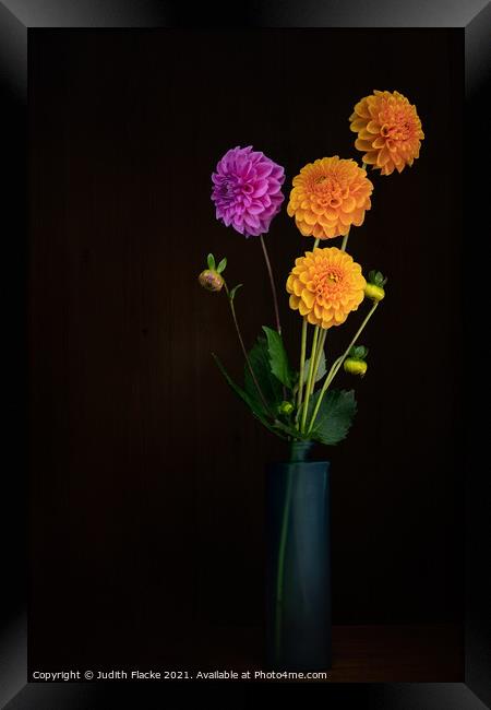 Home grown dahlia flowers in vase.  Framed Print by Judith Flacke